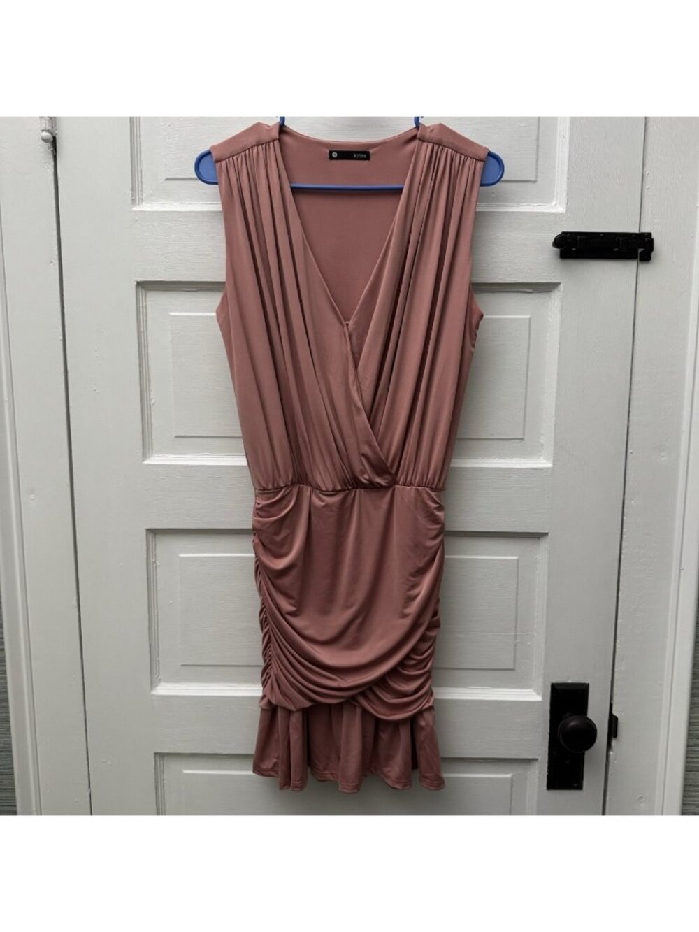 Krisa Size S Dusty Rose Ruched Jersey Cocktail Dress Deep V Ruffle Hem USA